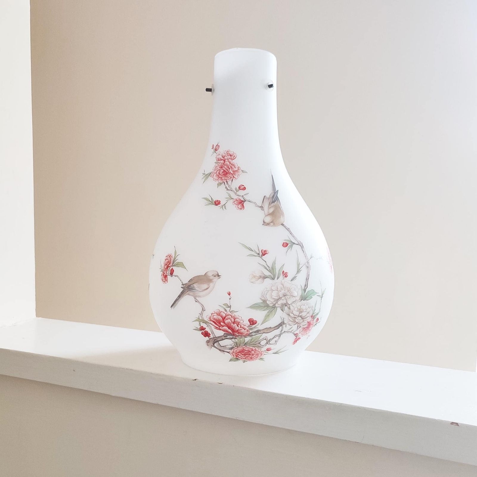 Vintage Famille Rose Opaque Satin Glass Pendant Lightshade   Peonies And Birds Chinese Art Design   Bottle Vase Shaped Ceiling Light Shade
