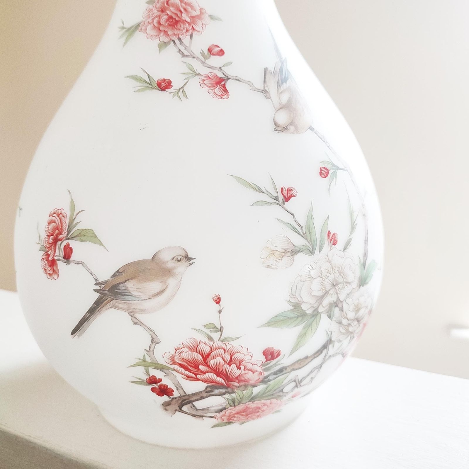 Vintage Famille Rose Opaque Satin Glass Pendant Lightshade   Peonies And Birds Chinese Art Design   Bottle Vase Shaped Ceiling Light Shade photo Lighting