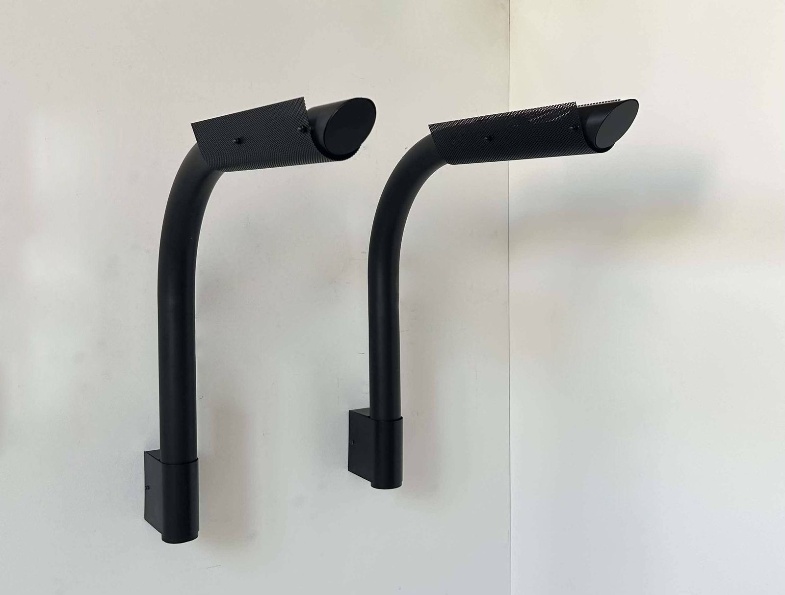 Pair Of Black Tubular And Perforated Metal Wall Lights By Parscot, France 1980 photo vintage