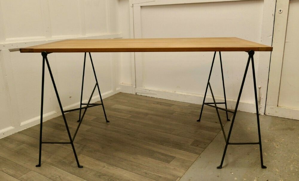 1950s Danish Sawhorse Minimalist Desk Or Dining Table photo vintage