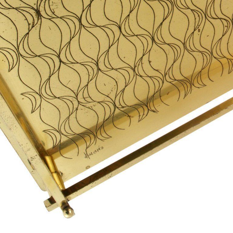 Art Deco Italian Tray Table In Golden Metal Decorated With Geometric Shapes photo Furniture