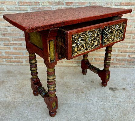 Red Lacquered Console Table With Gilt Accents And Carved Apron, 1940s photo 1802.0