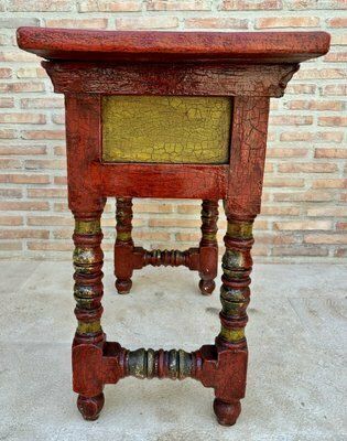 Red Lacquered Console Table With Gilt Accents And Carved Apron, 1940s photo vinterior