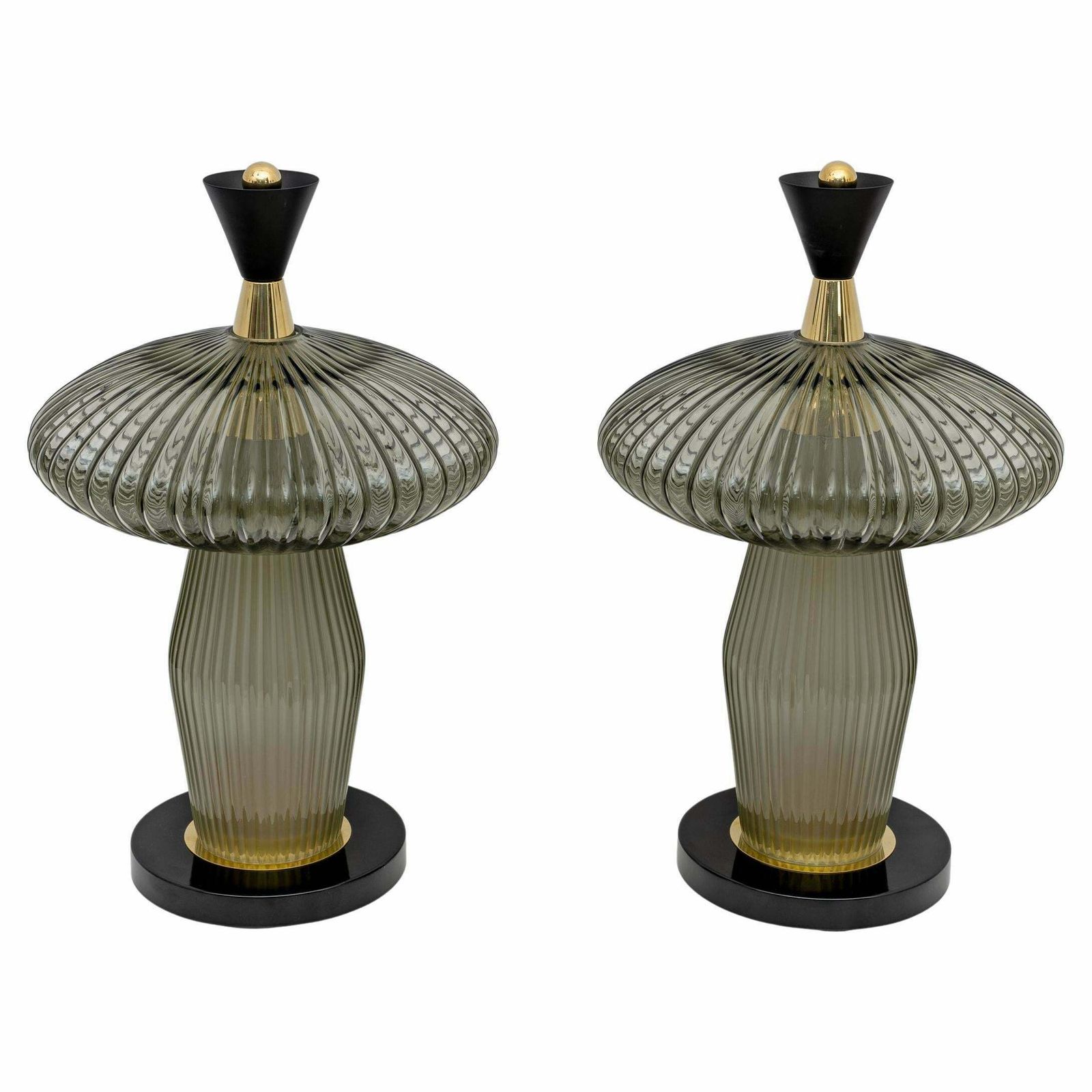Pair Of Mushroom Shaped Table Lamps Murano Glass And Brass Feng Shui Style