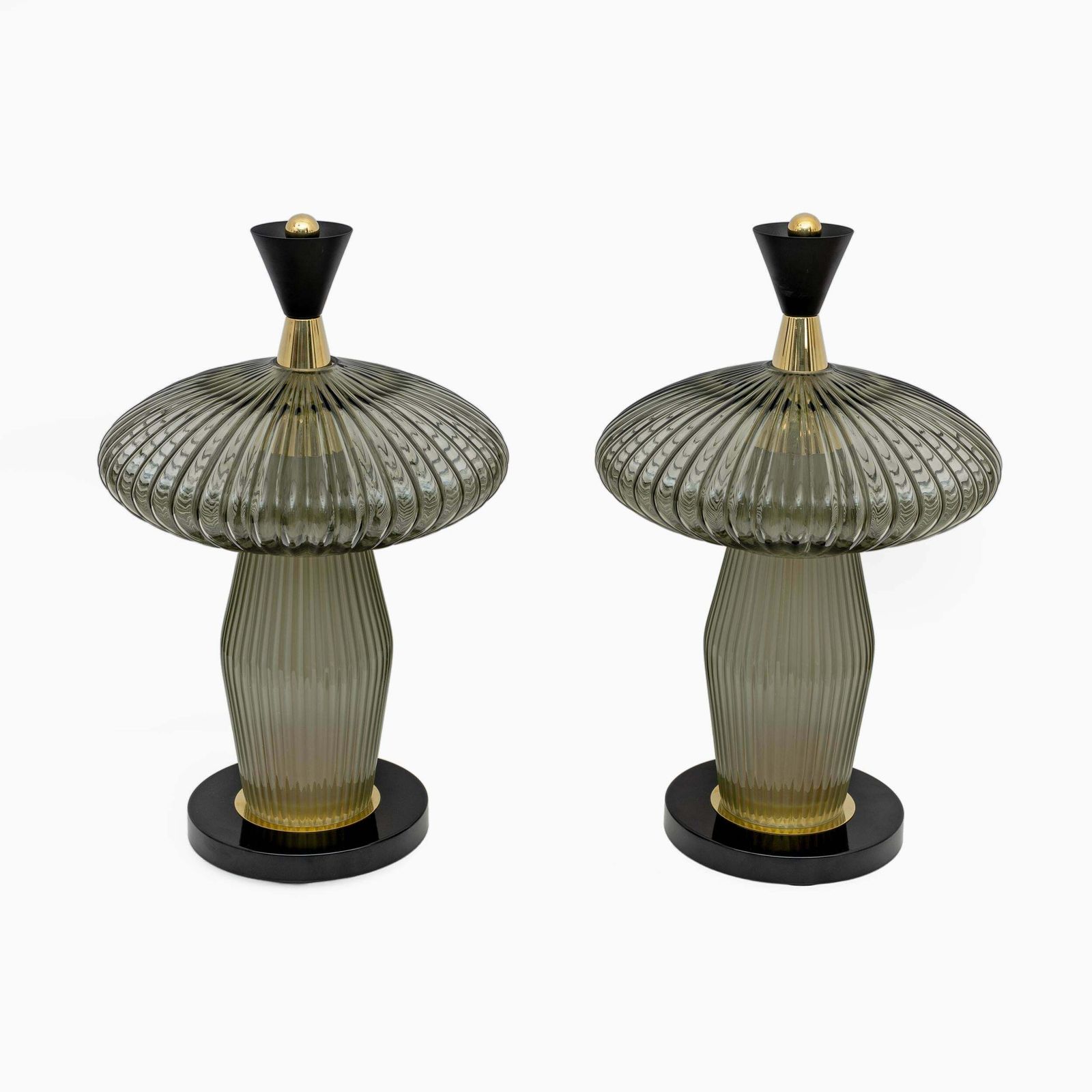Pair Of Mushroom Shaped Table Lamps Murano Glass And Brass Feng Shui Style photo for sale