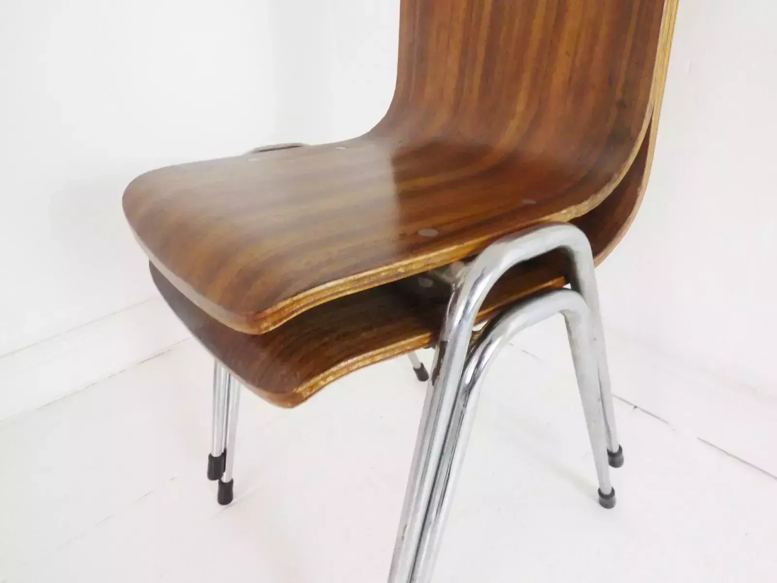 Stunning Pair Of Vintage Neil Morris Walnut & Teak Plywood Toby Stacking Chairs photo 385.0