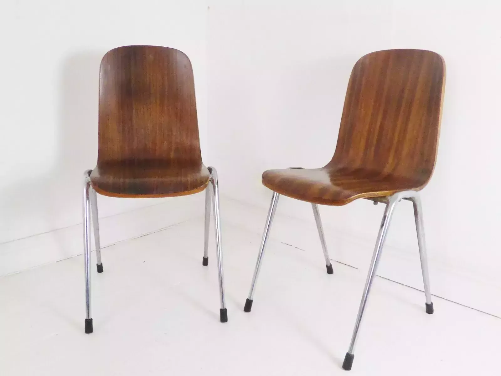 Stunning Pair Of Vintage Neil Morris Walnut & Teak Plywood Toby Stacking Chairs photo vinterior