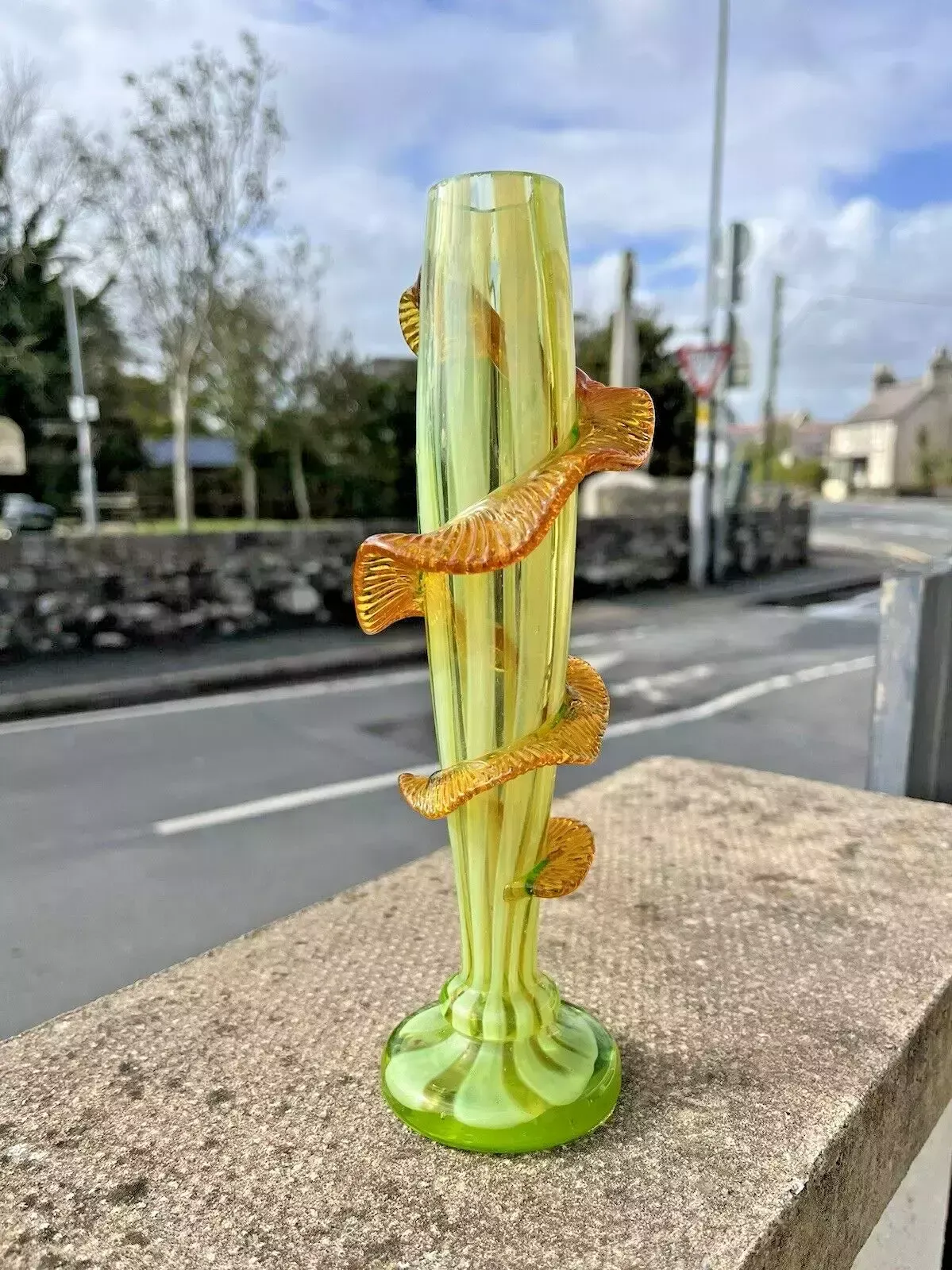 Antique Uranium Glass Opalescent Pin Striped Amber Rigaree Bud Vase Harrach Welz photo 160.0