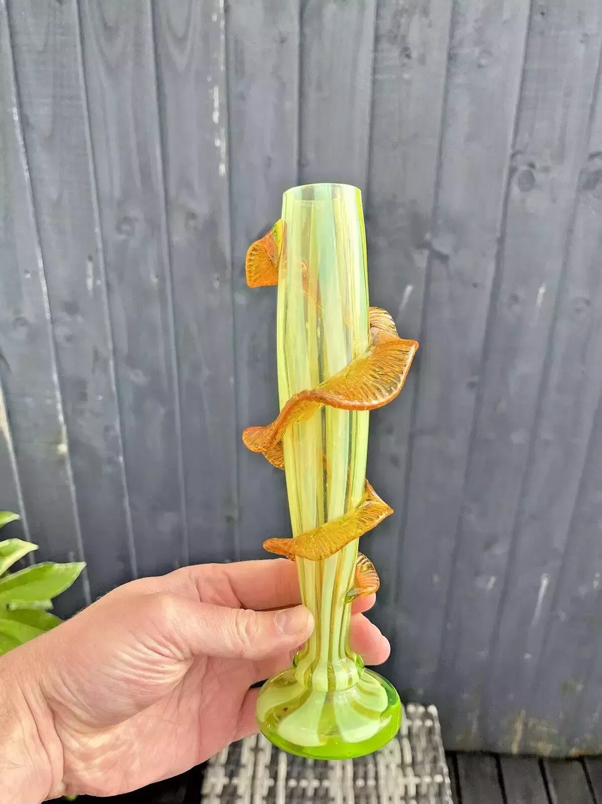 Antique Uranium Glass Opalescent Pin Striped Amber Rigaree Bud Vase Harrach Welz photo vinterior