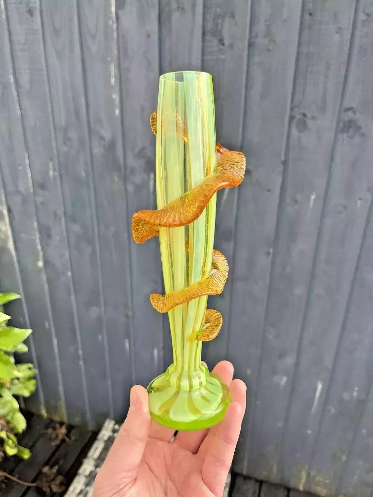 Antique Uranium Glass Opalescent Pin Striped Amber Rigaree Bud Vase Harrach Welz photo vintage