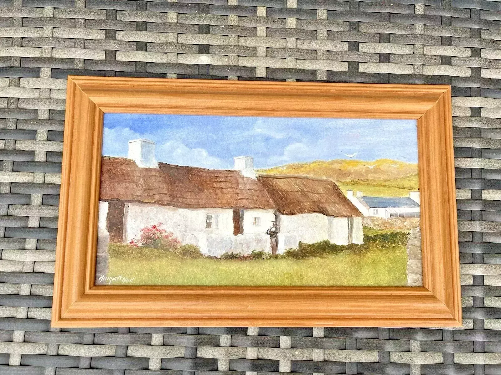Original Margaret Hall Oil Painting Swtan Thatched Cottage Church Bay Anglesey photo vinterior