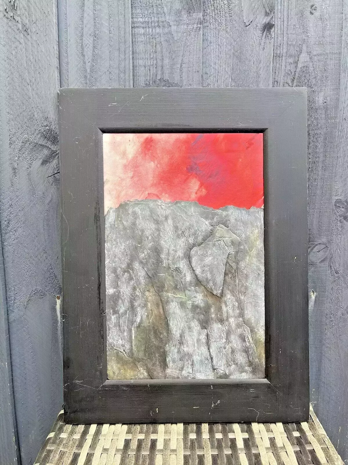 Original Welsh Slate & Oil Painting Mountain Sunset By Leslie Jones North Wales photo for sale