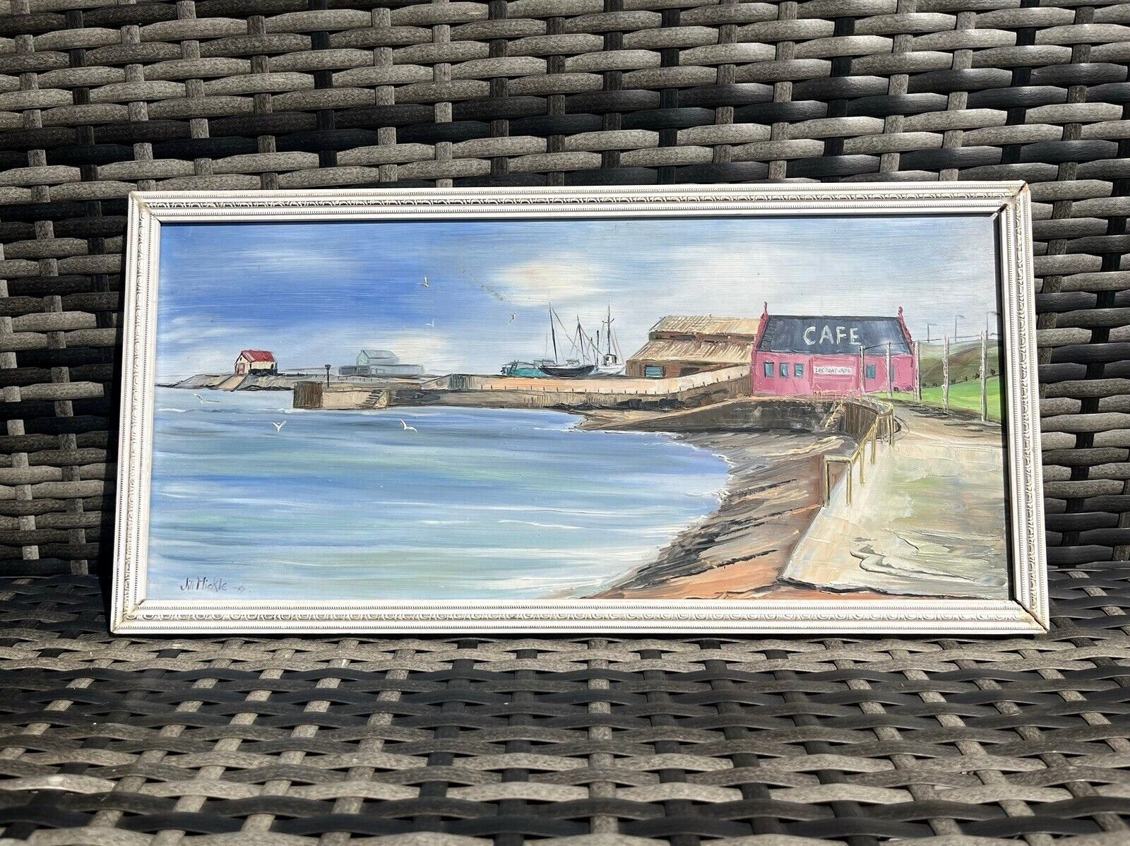 Original Jill Mickle Oil Painting Lifeboat Cafe Newry Beach Holyhead Anglesey photo vinterior