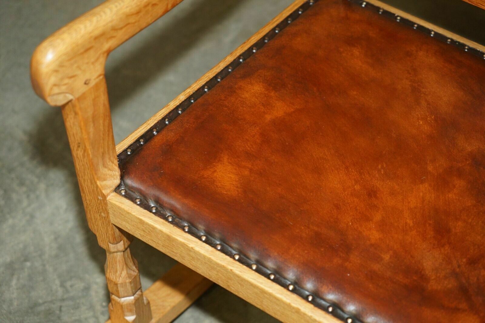 Vintage Robert Mouseman Thompson Rocking Armchair Hand Dyed Brown Leather Seat photo 3950.0