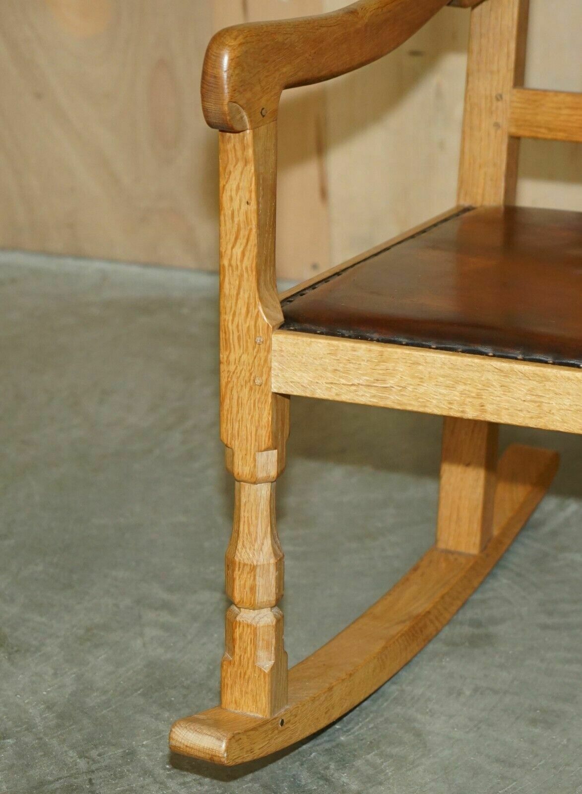 3950.0 Vintage Robert Mouseman Thompson Rocking Armchair Hand Dyed Brown Leather Seat photo