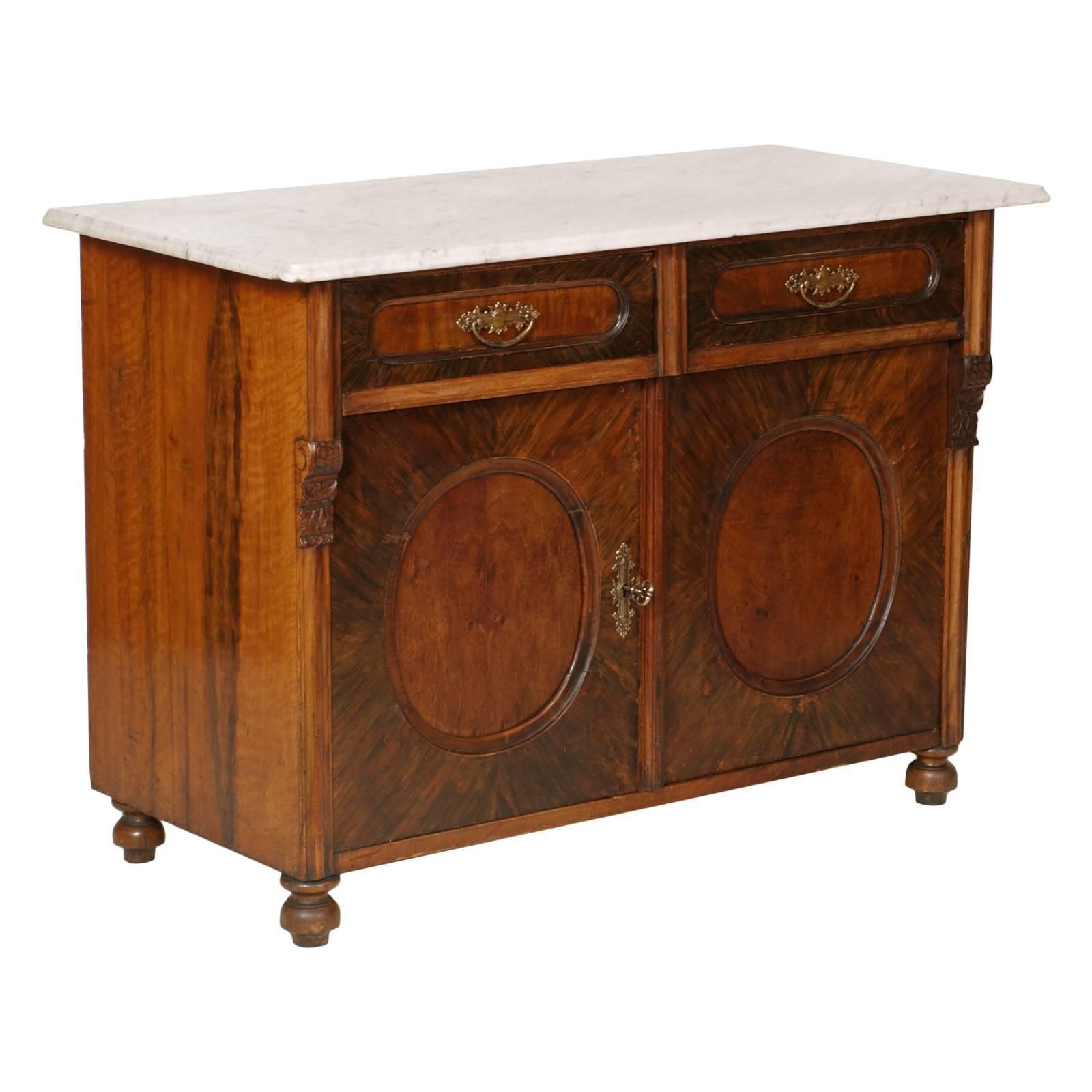Mid 19th Century Italian Biedermeier Cabinet, Carrara Marble Top Wax Finished