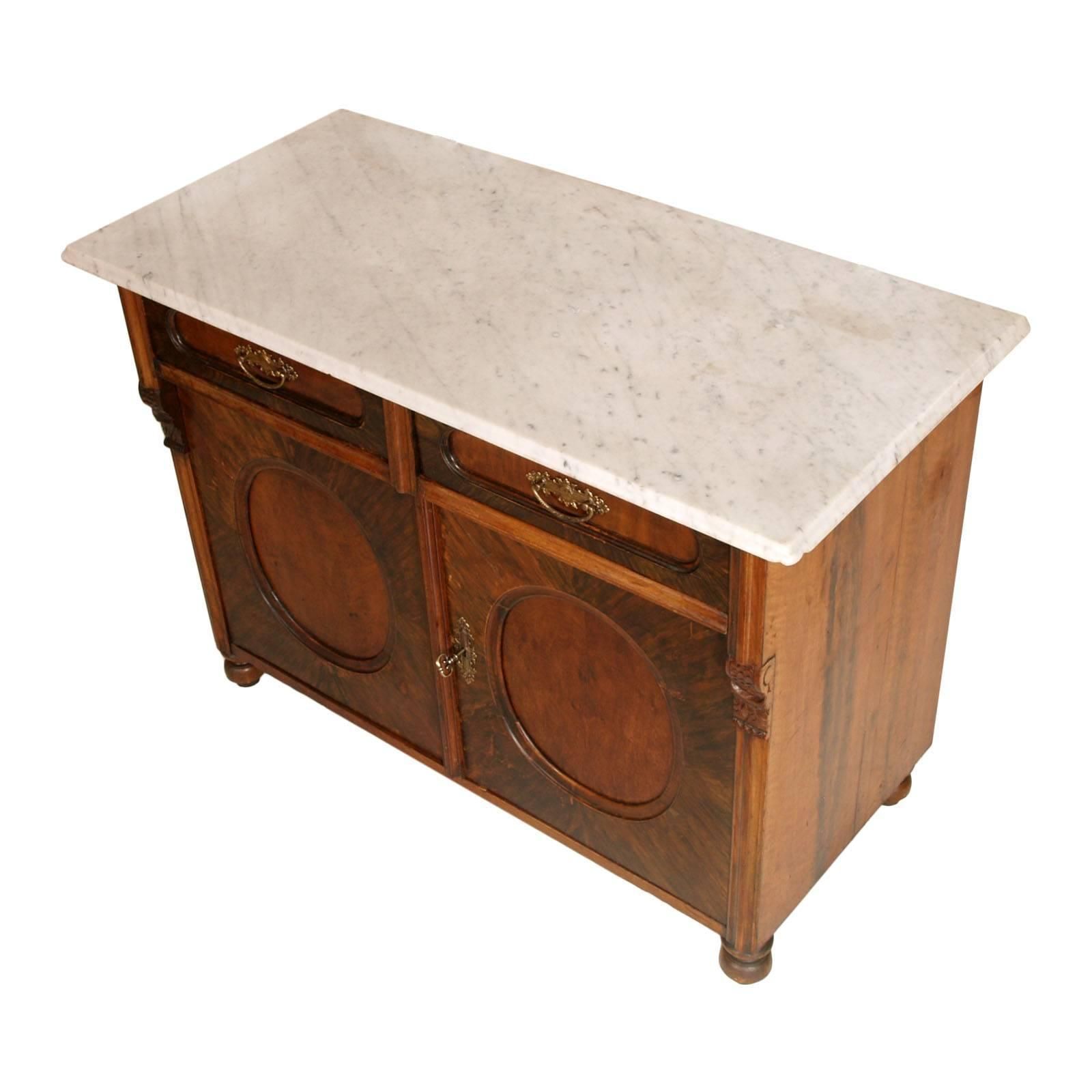 Mid 19th Century Italian Biedermeier Cabinet, Carrara Marble Top Wax Finished photo furniture