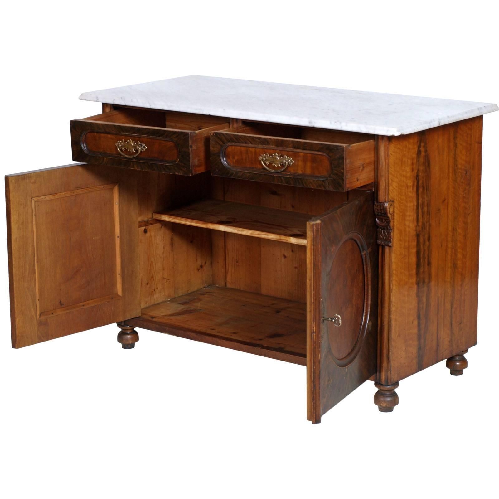 Mid 19th Century Italian Biedermeier Cabinet, Carrara Marble Top Wax Finished photo for sale