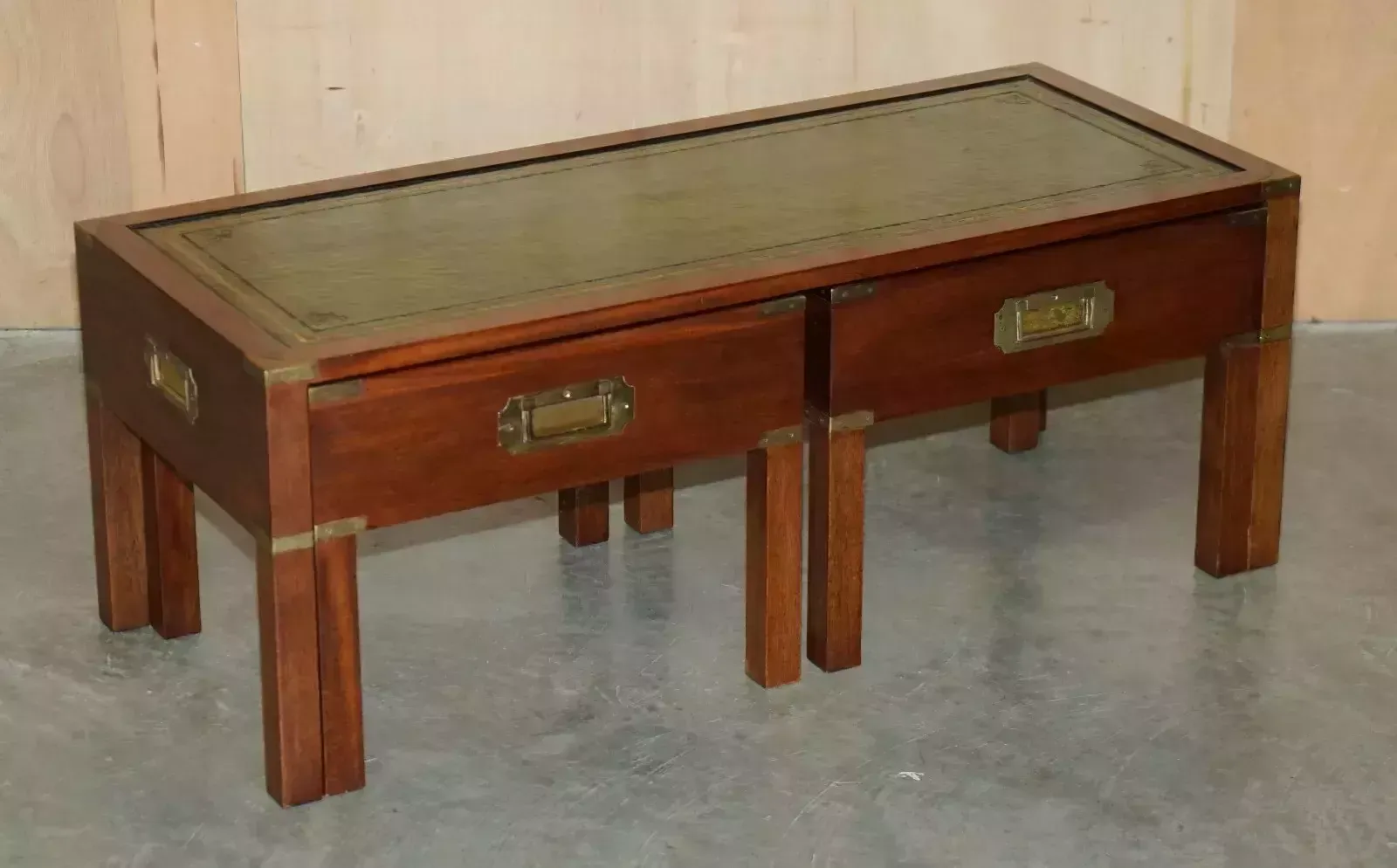 Vintage Over Restored Green Leather Military Campaign Nest Of Coffee Side Tables photo 2750.0
