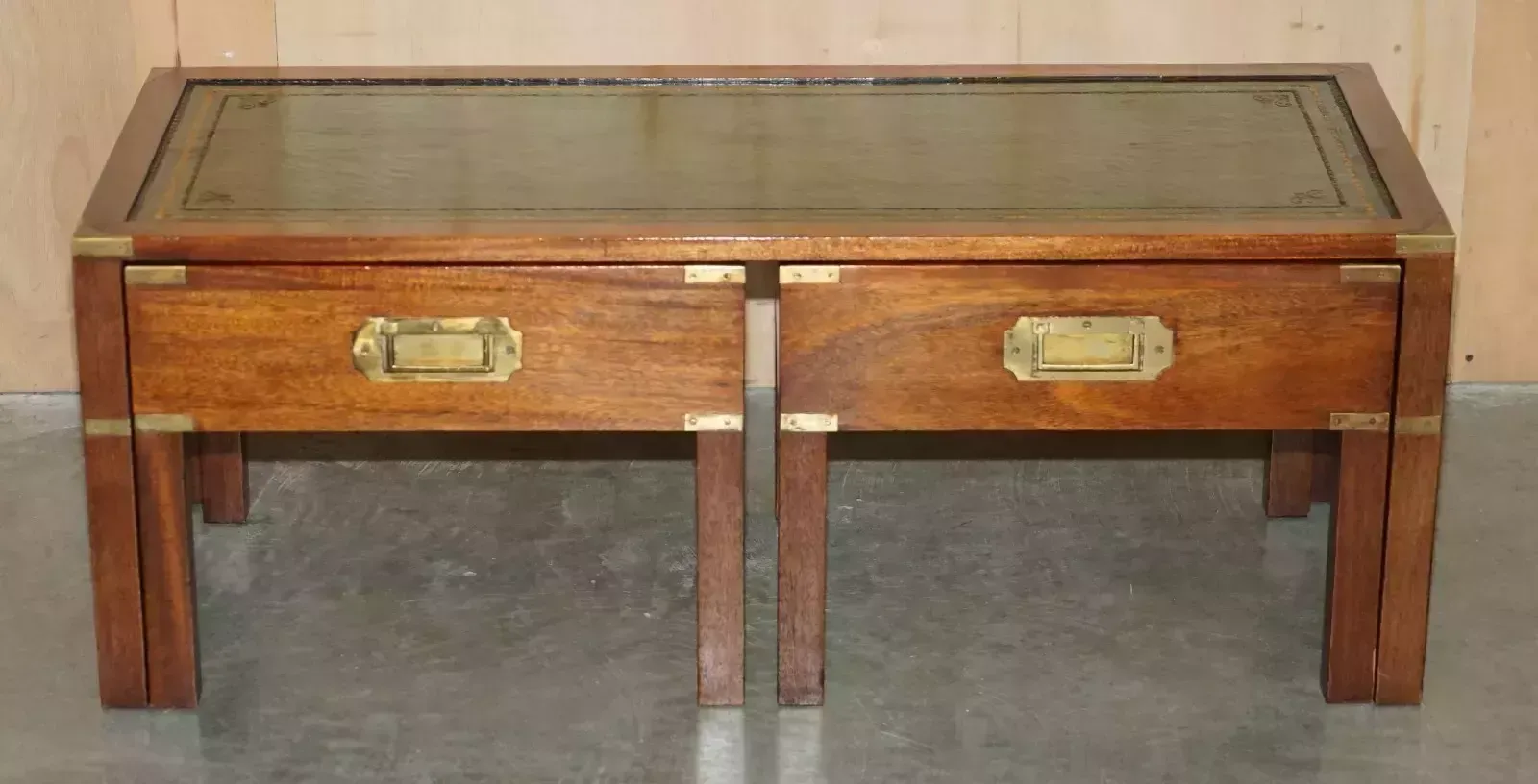 Vintage Over Restored Green Leather Military Campaign Nest Of Coffee Side Tables photo vinterior