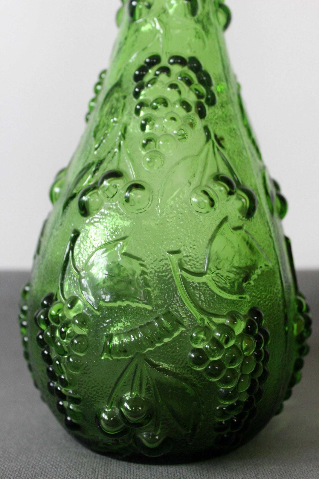 Tall Vintage Empoli Glass Decanter, Grape Cherry Design Emerald Green, 54 Centimeters, Italy Italian Genie Bottle, Bottle Carafe, Mcm Retro photo for sale