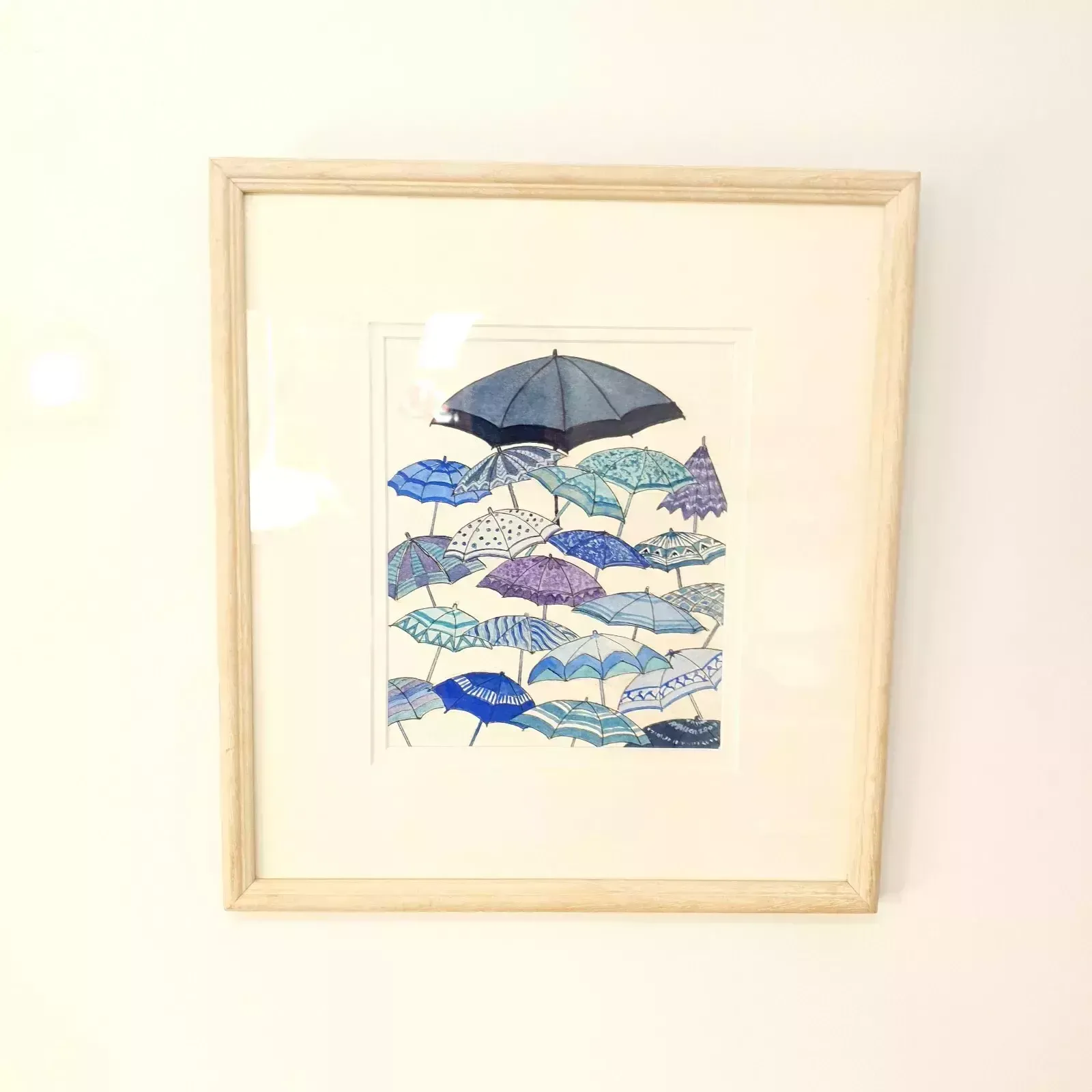 Original Watercolor "Blue Wet Day" By A.M. Allen – Umbrella Artwork, 2007, Frame