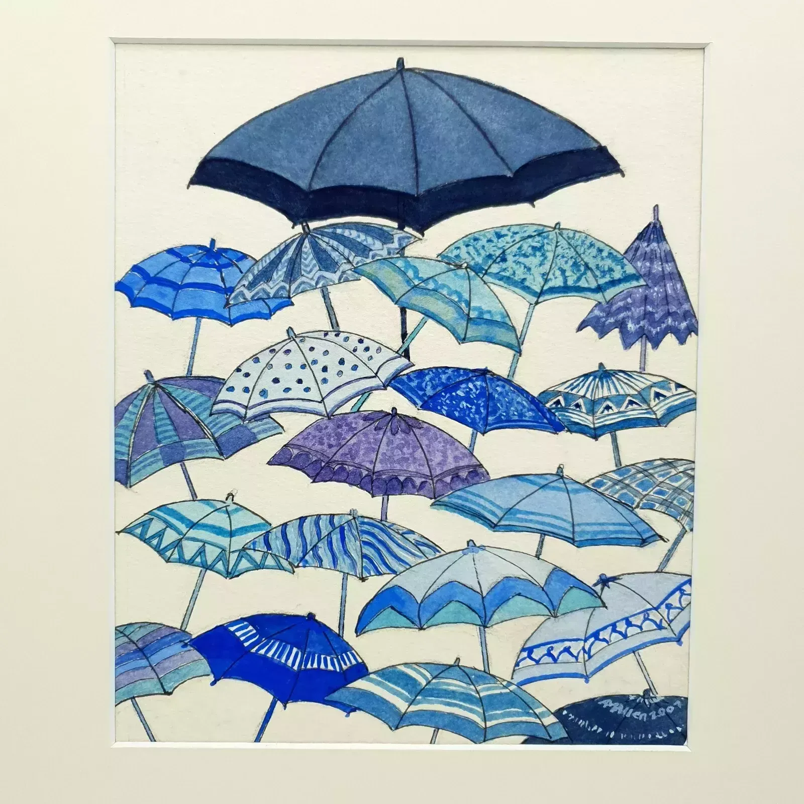 photo furniture Original Watercolor "Blue Wet Day" By A.M. Allen – Umbrella Artwork, 2007, Frame