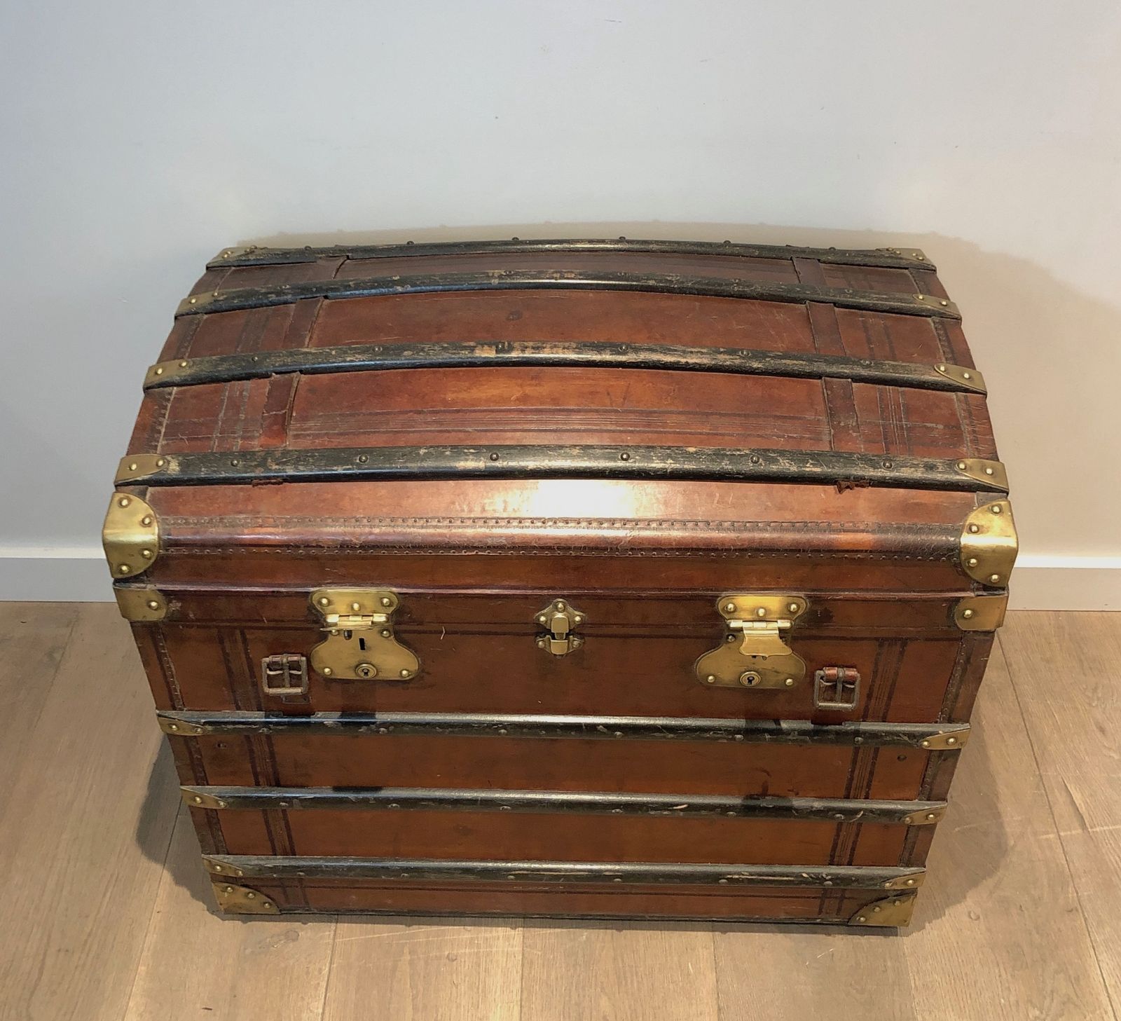 Domed Travel Trunk In Leather, Wood And Brass photo furniture