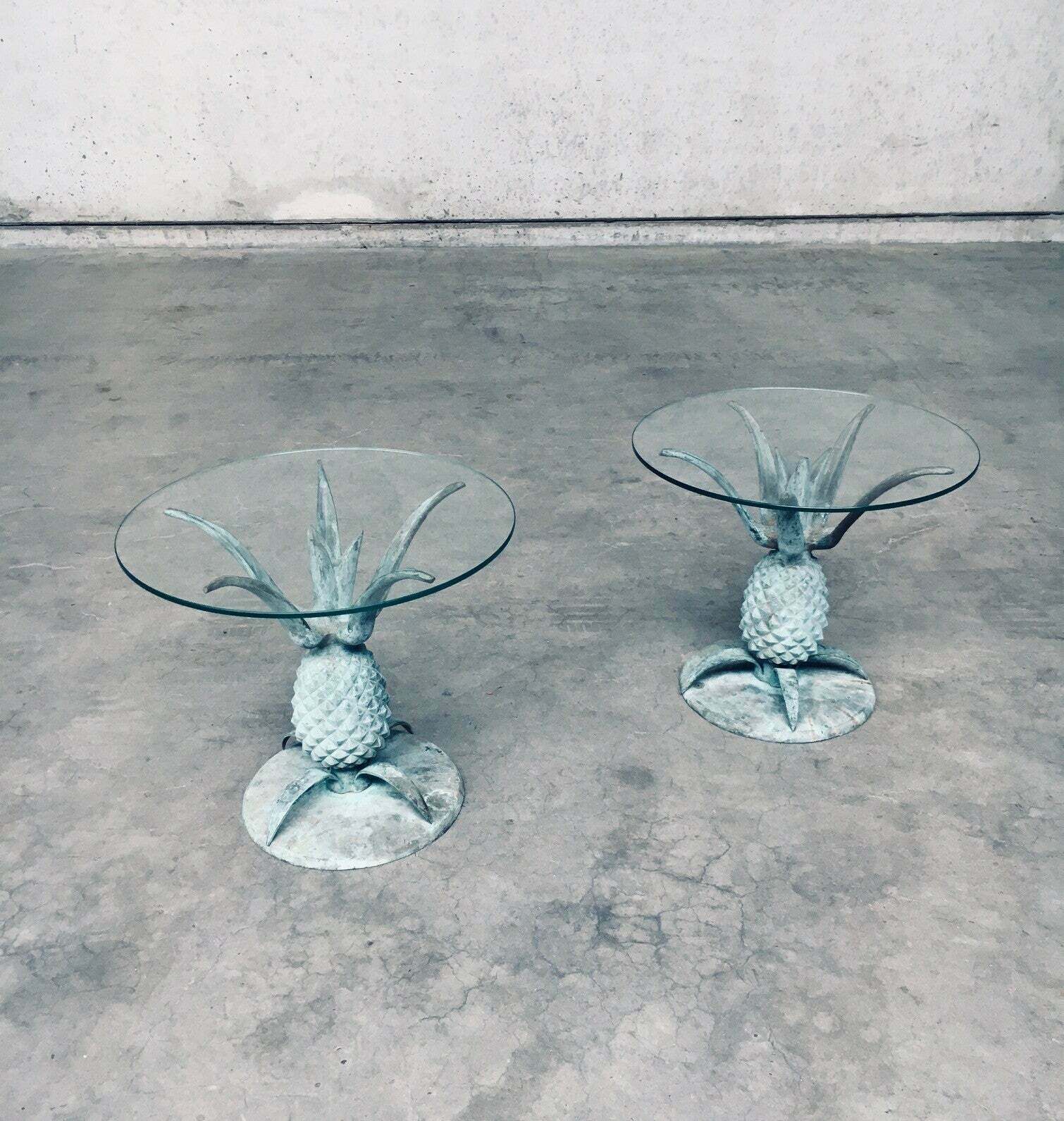 Hollywood Regency Style Design Brass Patinated Pineapple Side Table Set, France 1970's photo for sale