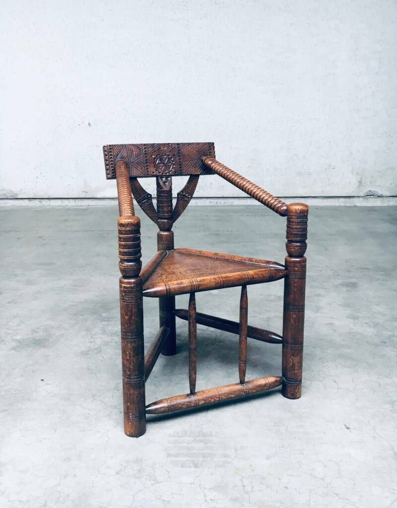 Brutalist Carved Oak Tripod Monk Chair, Sweden 1930's
