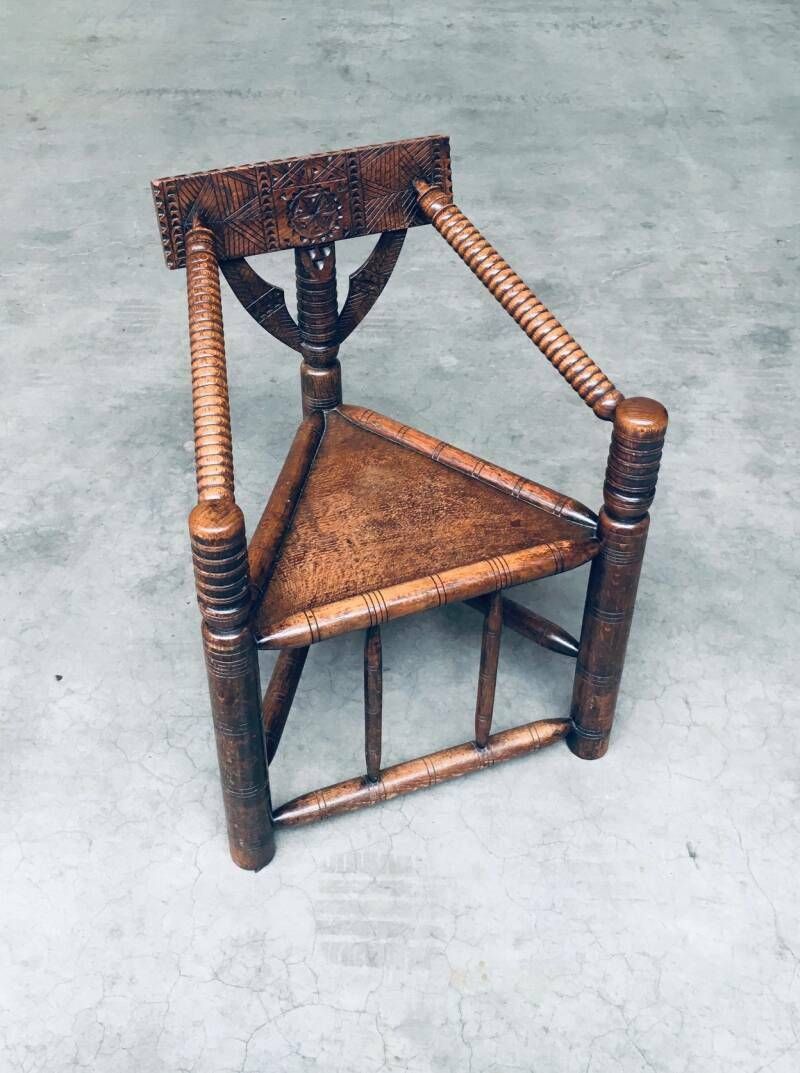 Brutalist Carved Oak Tripod Monk Chair, Sweden 1930's photo for sale