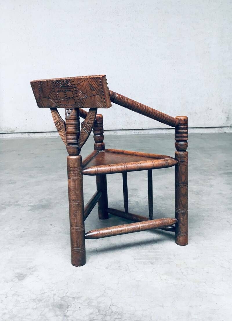 Brutalist Carved Oak Tripod Monk Chair, Sweden 1930's photo vintage