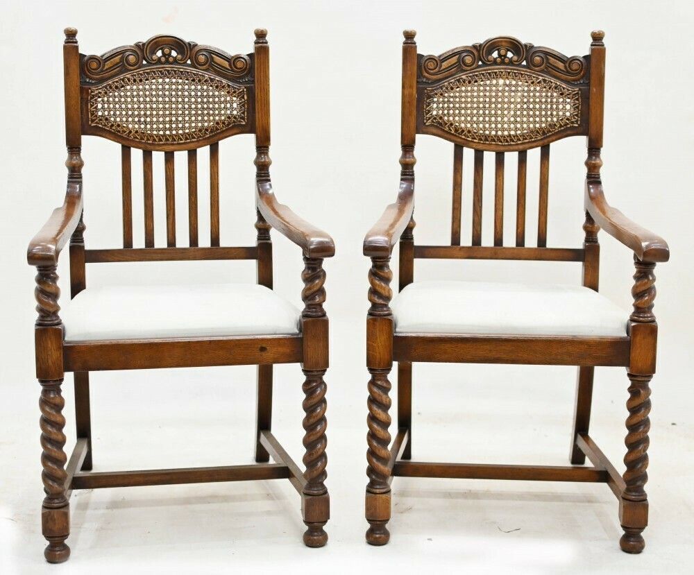 Pair William And Mary Oak Chairs Barley Twist Farmhouse