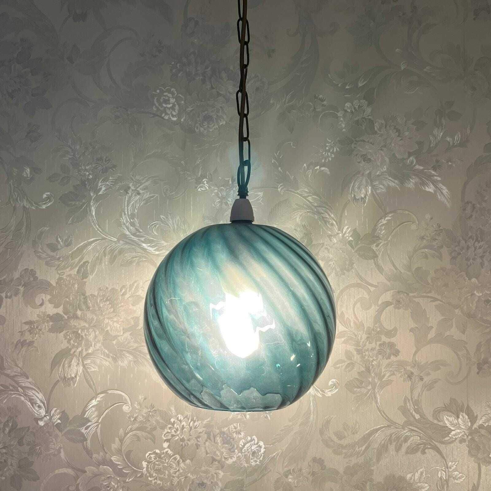 A Set Of 3 Mid Century Petrol Blue Round Ridged Glass Pendant Lampshades photo Lighting
