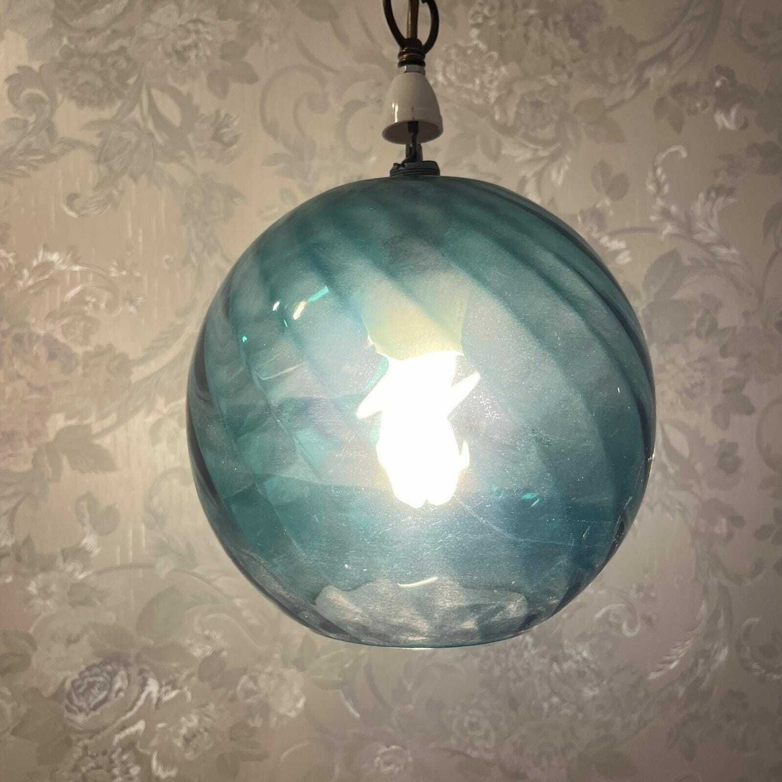 A Set Of 3 Mid Century Petrol Blue Round Ridged Glass Pendant Lampshades photo 360.0