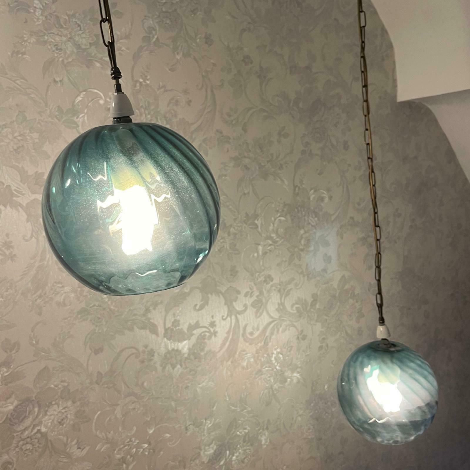 A Set Of 3 Mid Century Petrol Blue Round Ridged Glass Pendant Lampshades photo buy