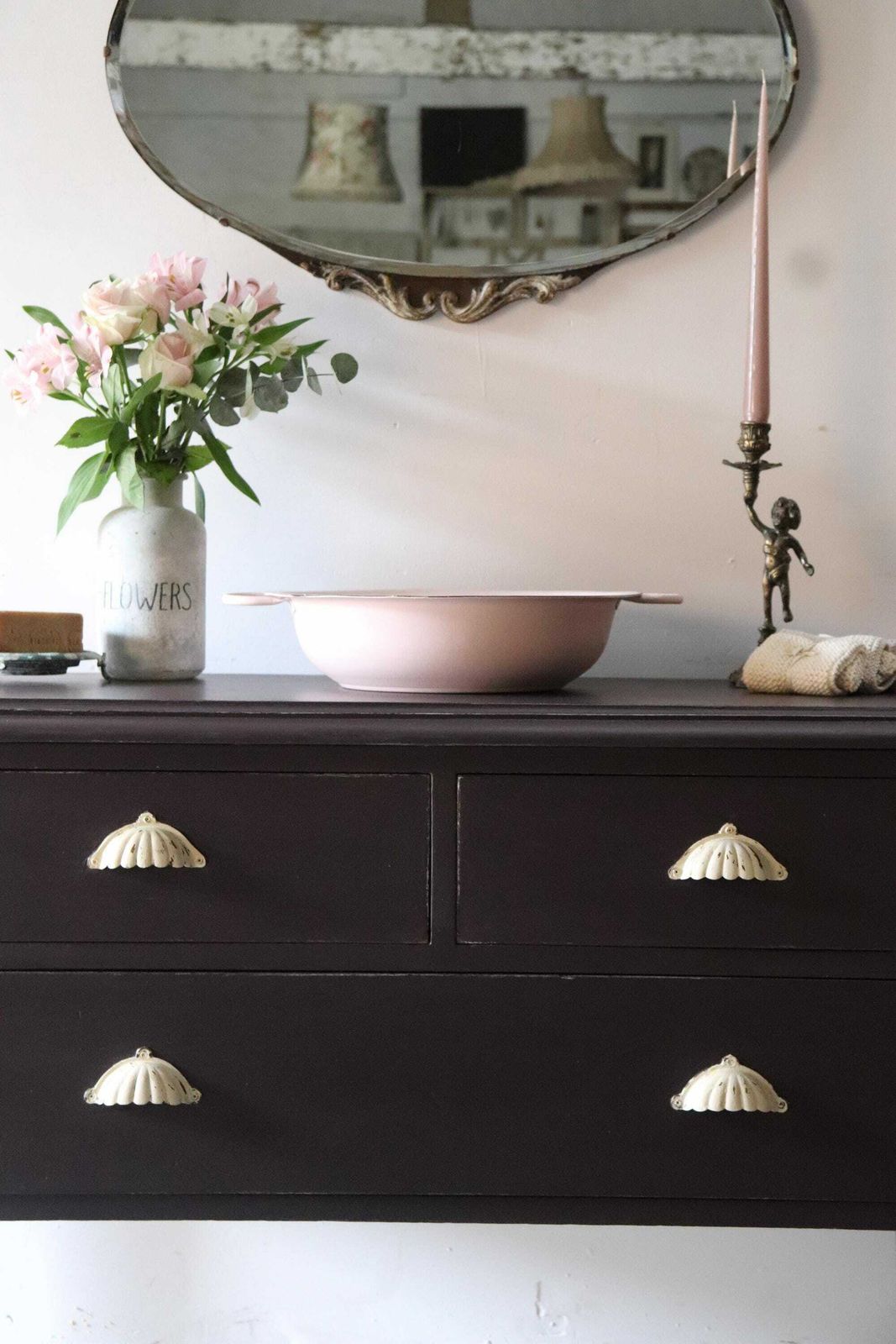 Painted Victorian Washstand Or Cabinet With Drawers On Castors In Deep Mulberry photo for sale