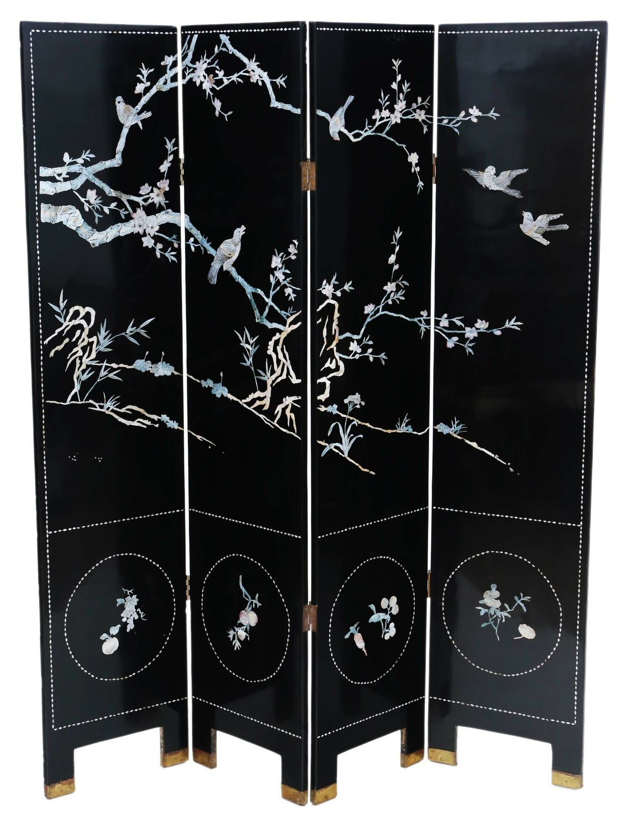 Antique Large Victorian Chinoiserie Black Lacquer Dressing Screen   Fine Quality Room Divider, C1900