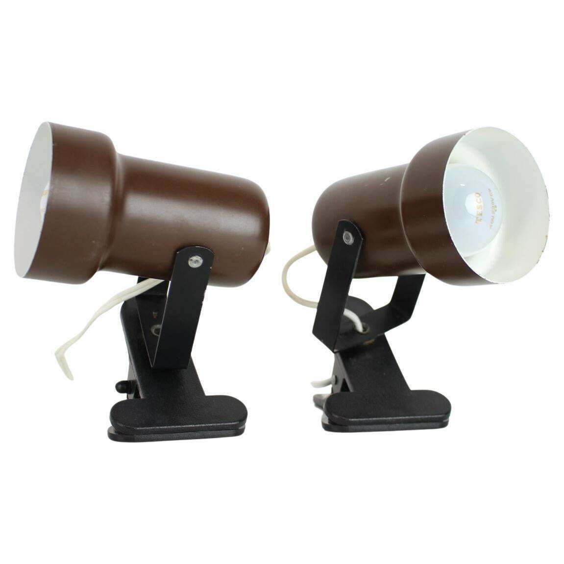 Pair Of Two Attachable Table Lamps With A Clip, 1970's, Czechoslovakia