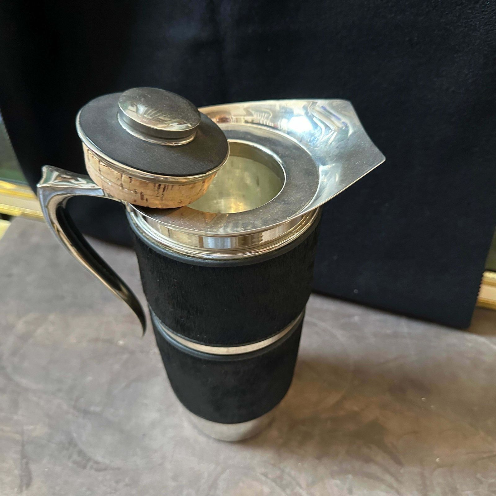 1980s Modernist Black Cavallino And Silver Plated Italian Thermos Carafe photo Home Decor