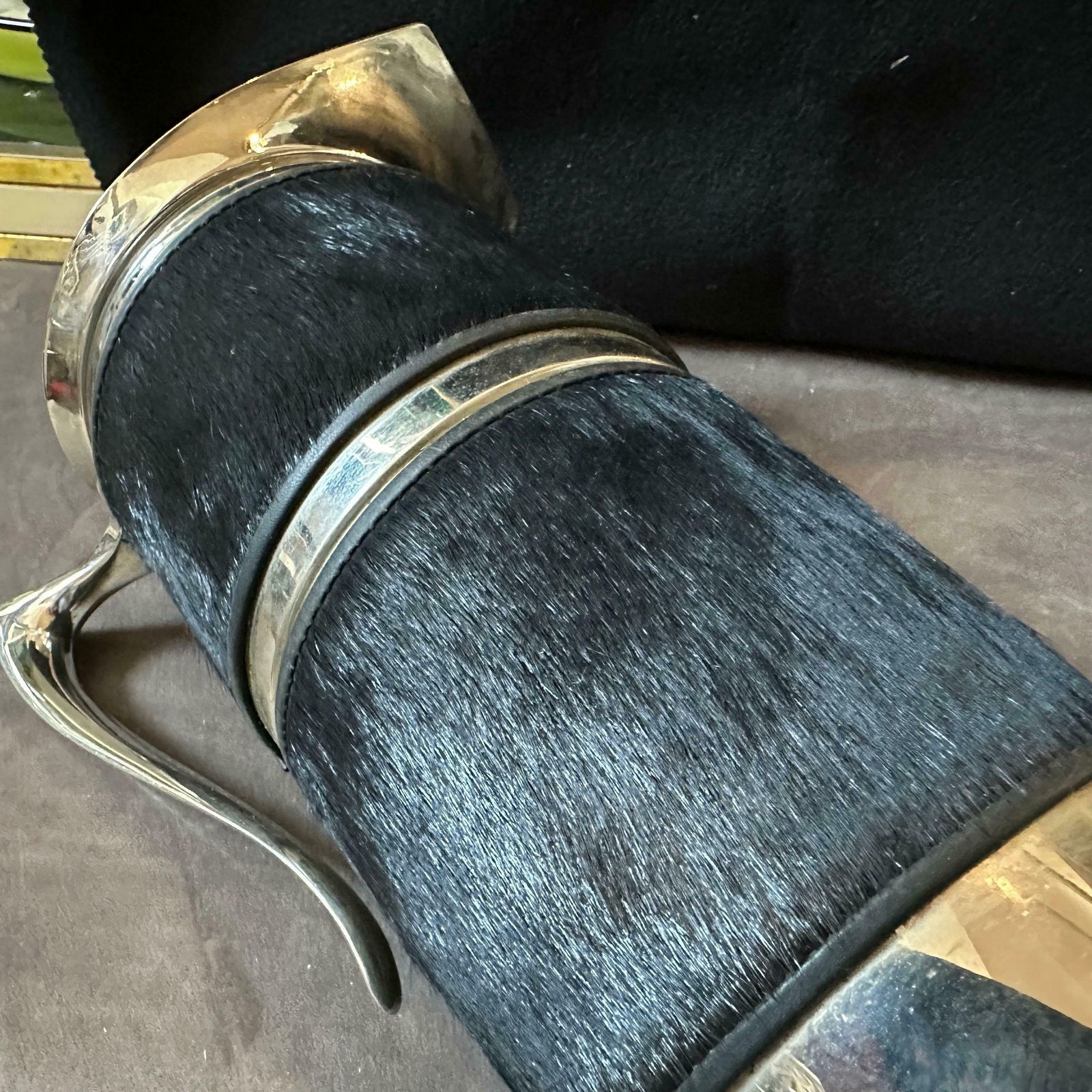 photo for sale 1980s Modernist Black Cavallino And Silver Plated Italian Thermos Carafe