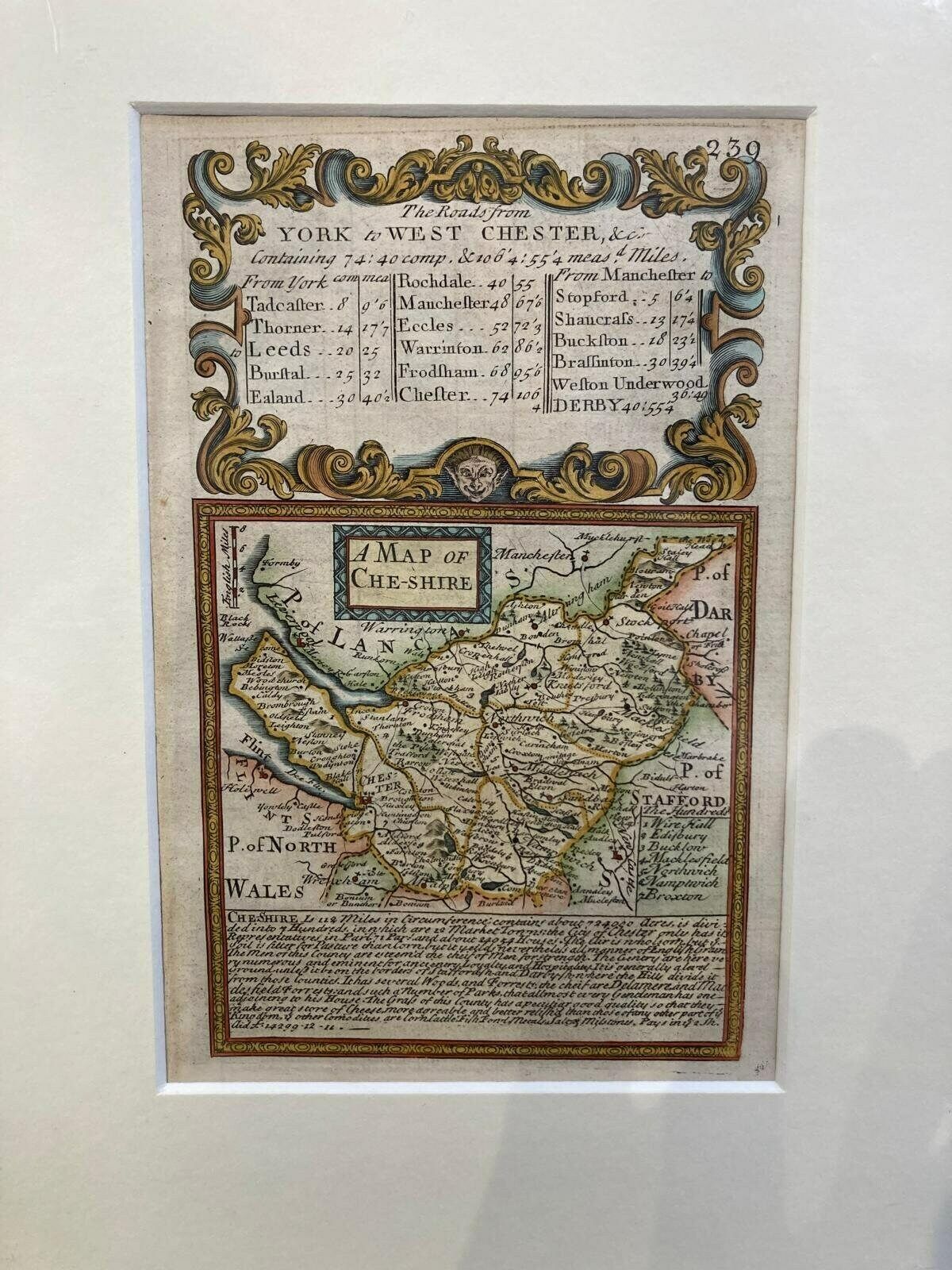 Antique Map Of Cheshire C.1720 By Emanuel Bowen & John Owen   Hand Coloured   Over 300 Years Old Vintage Historical Décor photo furniture