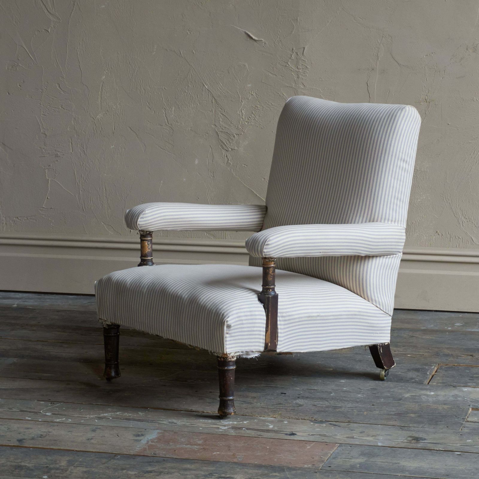 Antique Open Armchair   Blue Stripe Ticking