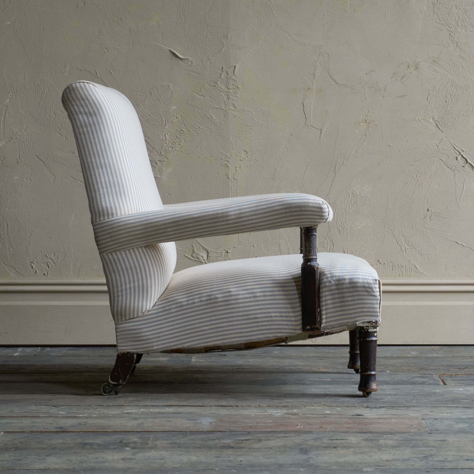 Antique Open Armchair   Blue Stripe Ticking photo for sale