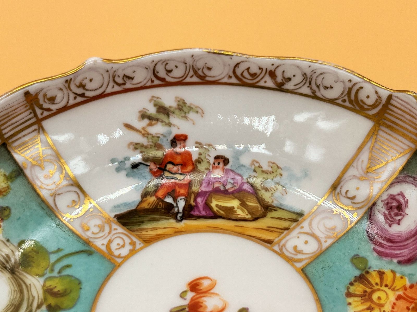 Antique Meissen Porcelain Helena Wolfsohn Watteau Scenes Quatrefoil Cup And Saucer Duo. C1820's. photo 175.0