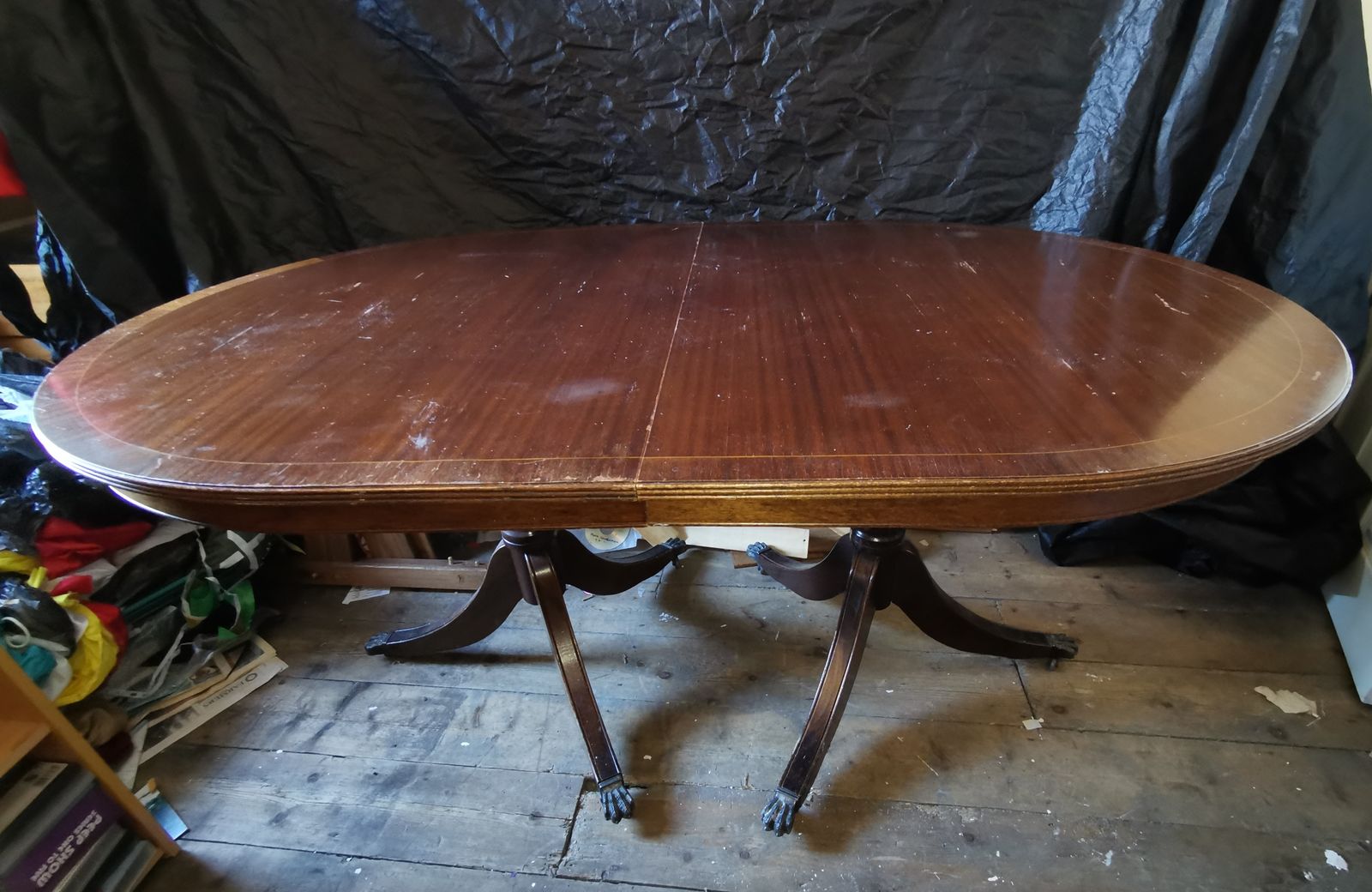 Twin Pedastal Dining Table. Lion Paw Castors With Extender