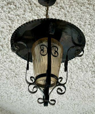 French Iron And Tole Glass Paneled Lantern, 1970s, Set Of 2 photo vintage