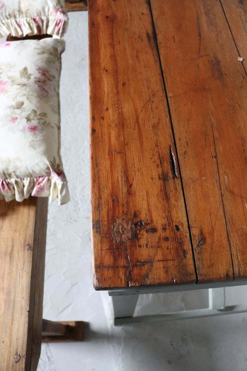 Vintage Pine Trestle Table, Aged Plank Top And French Grey Painted Folding Legs photo furniture