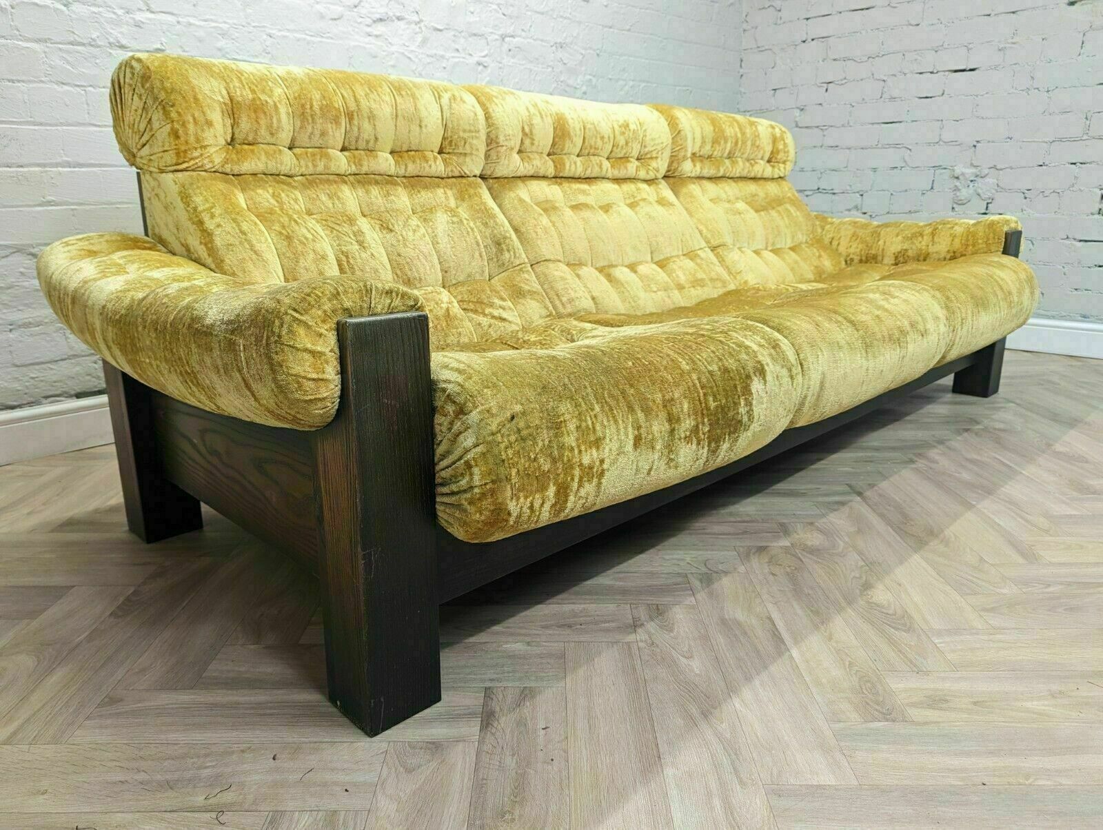 Mid Century Vintage Swedish Crushed Yellow Velour & Beech 3 Seater Sofa 1970s