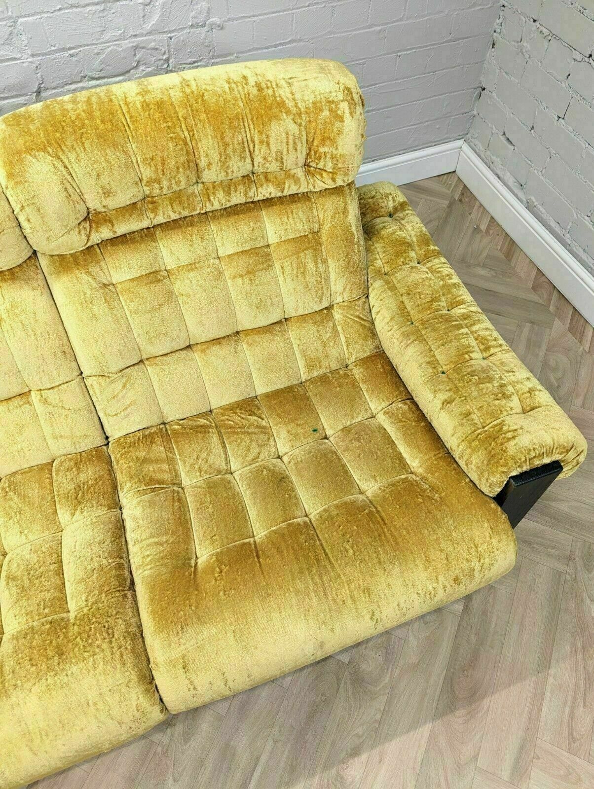 Mid Century Vintage Swedish Crushed Yellow Velour & Beech 3 Seater Sofa 1970s photo vinterior